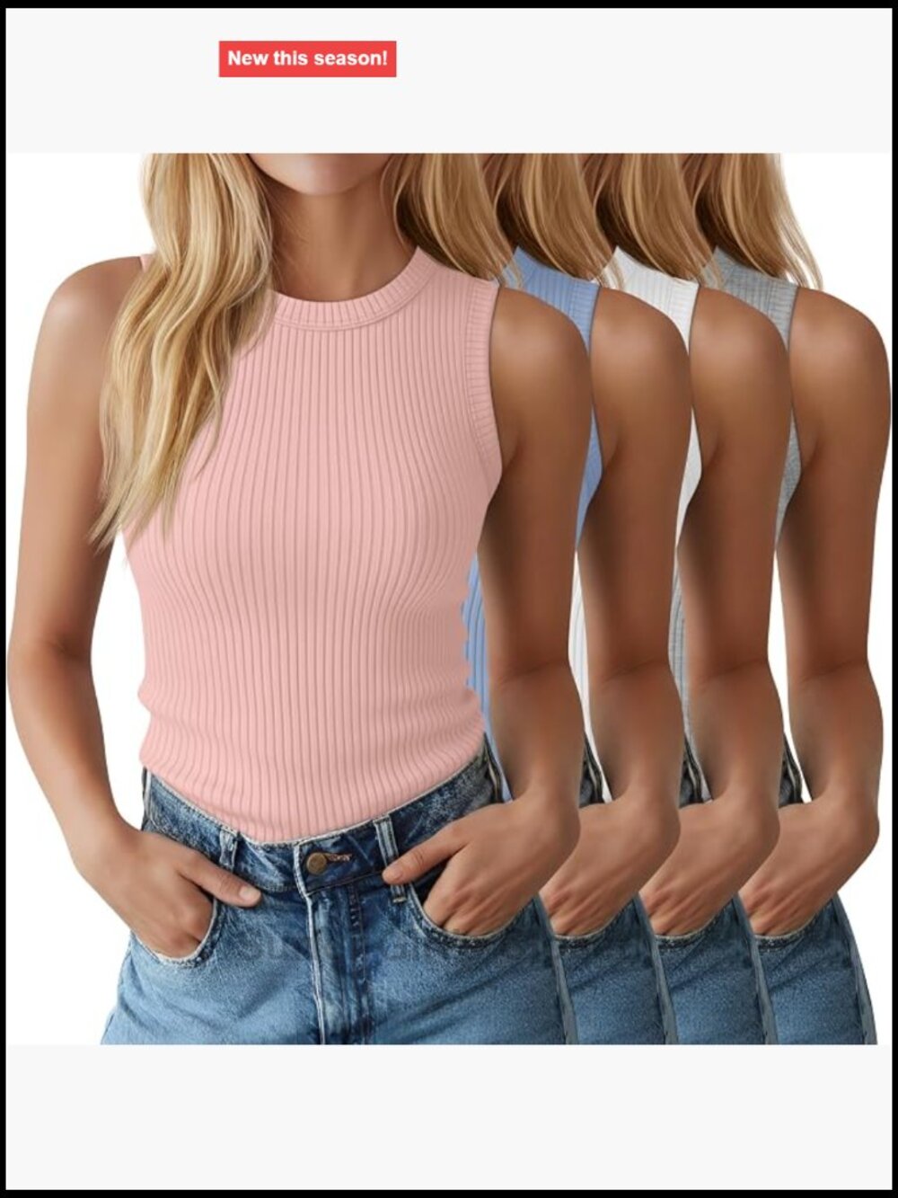 4 Pack Women's Ribbed Cotton Tank Tops Crew Neck Stretchy Sleeveless